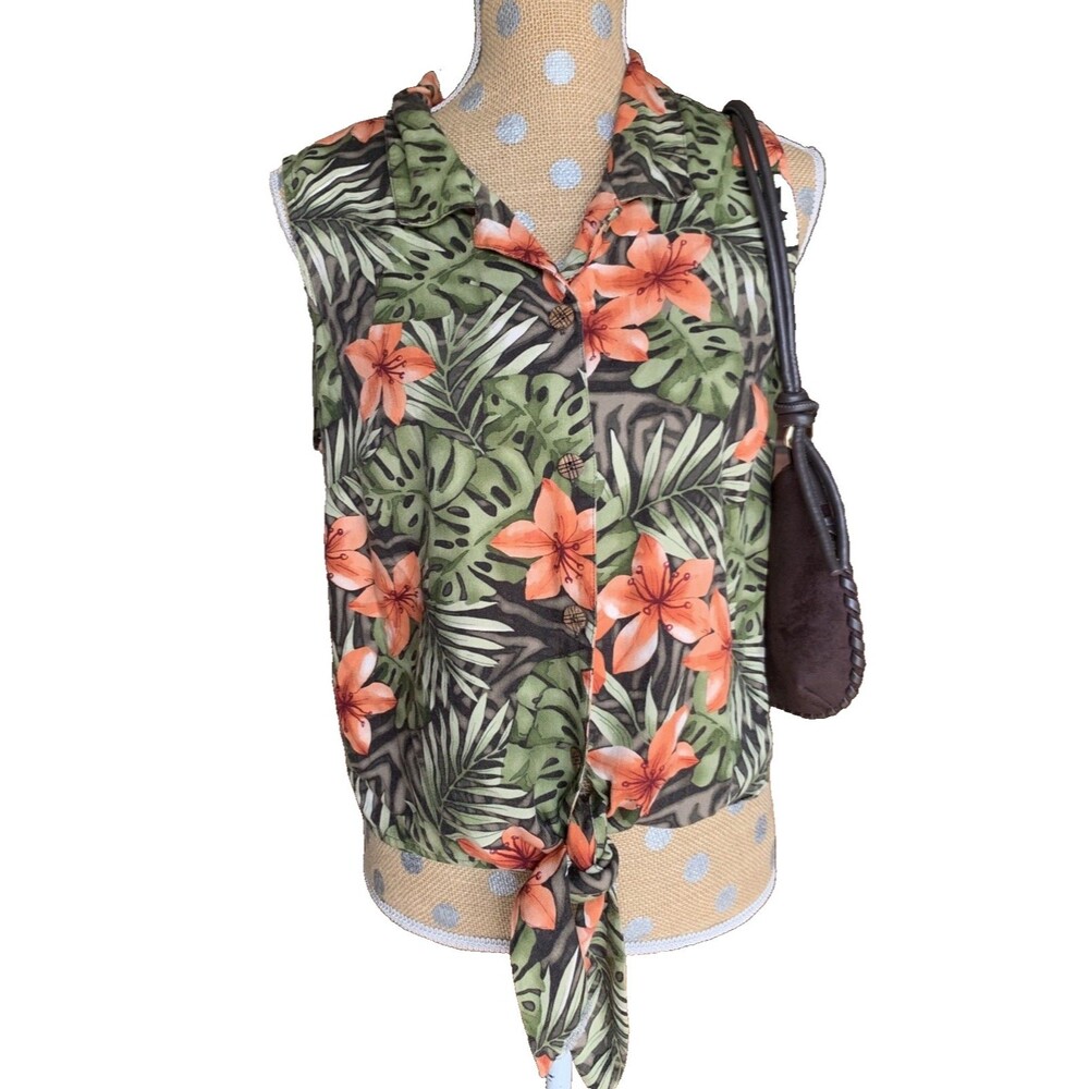 Christopher & Banks Tropical Floral Tie Front Blouse Large Palm Safari Resort